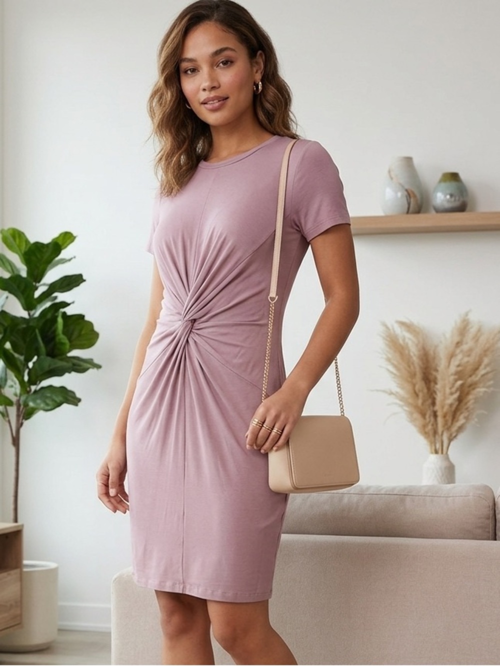Dynamite Mauve Twist-Front T-Shirt Dress women’s size medium